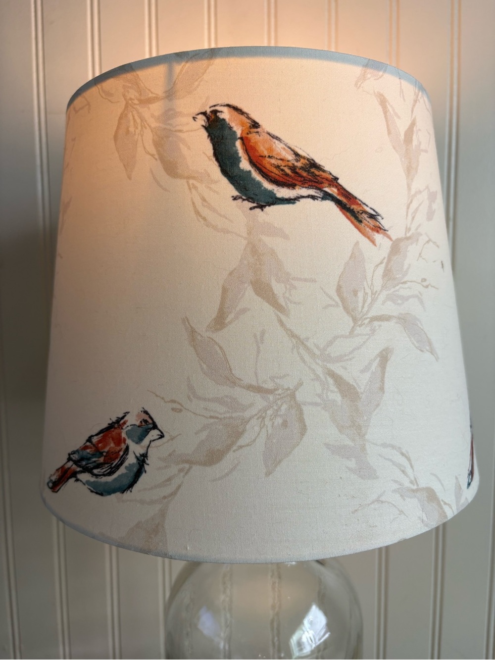 Glass Bottle Jug Table Lamp Birds & Leaves Drum Shade Upcycled Country Farmhouse - Picture 5 of 14